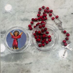 Rose Scented Red Wood Rosary Necklace, Acrylic Box w Divine Jesus Child Sticker